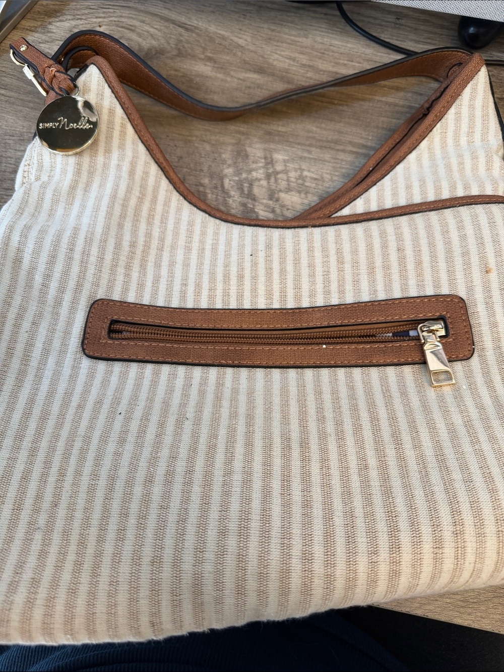 Simply Noelle Cream and Brown Striped Shoulder Bag with Gold Charm